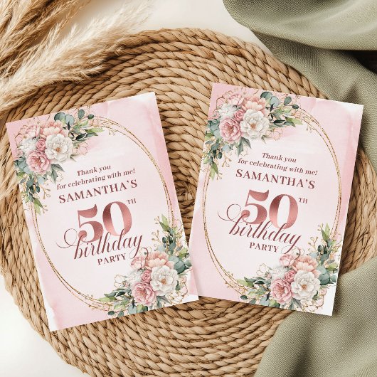 Rose Gold Blush Floral Greenery 50th Birthday   サンキューカード
