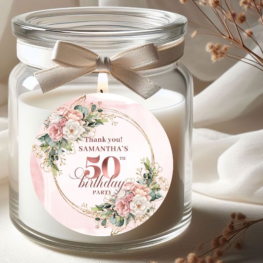 Rose Gold Blush Floral Greenery 50th Birthday  ラウンドシール