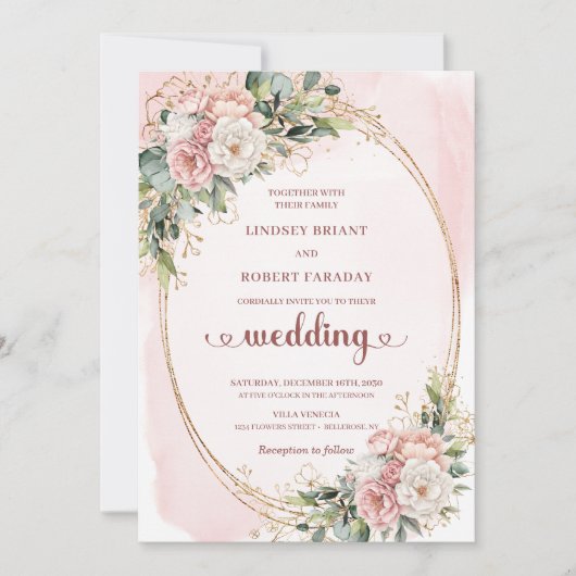 Rose Gold Blush Floral Greenery Wedding Invitation 招待状 (正面)