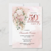 Rose Gold Blush Floral Watercolor 50th Birthday  招待状 (正面)