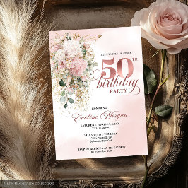 Rose Gold Blush Floral Watercolor 50th Birthday  招待状