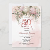 Rose Gold Blush Garden Floral 50th Birthday Invite 招待状 (正面)