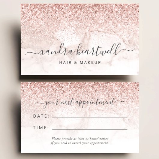 Rose Gold Blush Marble Glitter Script Appointment 名刺