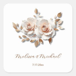 Rose Gold Blush Pink 3Dバラの名前の結婚式 スクエアシール