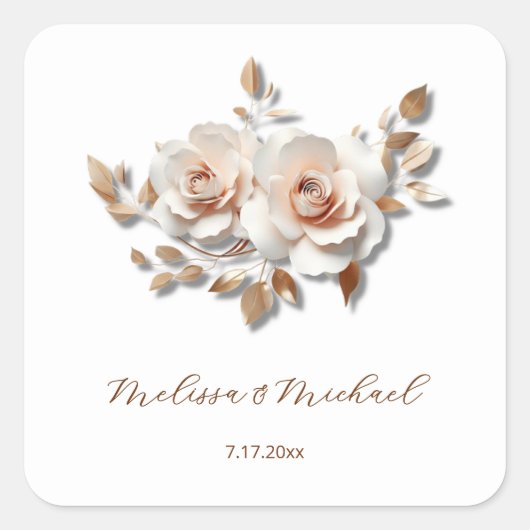Rose Gold Blush Pink 3Dバラの名前の結婚式 スクエアシール (正面)