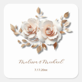 Rose Gold Blush Pink 3D Roses Your Names Wedding スクエアシール