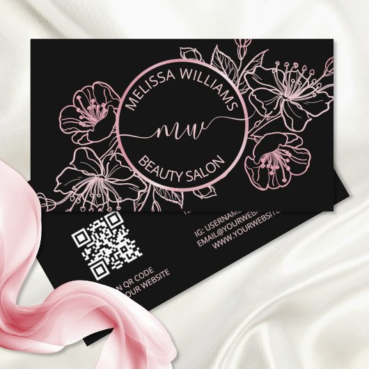 Rose Gold Blush Pink Black Floral | QRコード 名刺