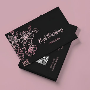 Rose Gold Blush Pink Black Floral QRコード 名刺