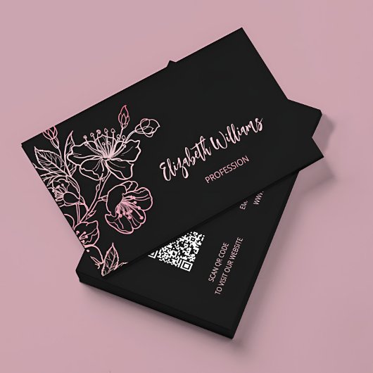 Rose Gold Blush Pink Black Floral | QRコード 名刺