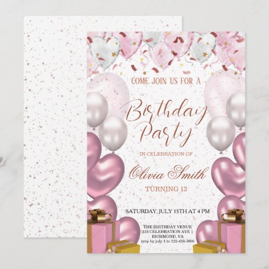 Rose Gold & Blush Pink Elegant Birthday Party  招待状 (正面/裏面)