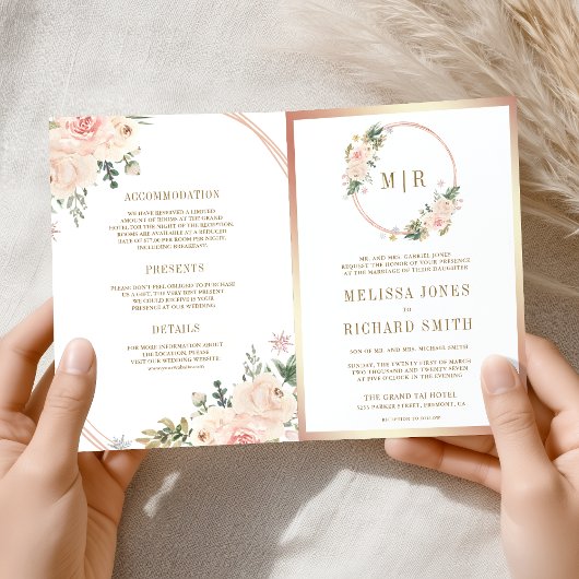 Rose Gold Blush Pink Floral QR Code Wedding 招待状
