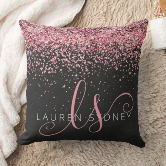 Rose Gold & Blush Pink Glitter Glam Monogram Name クッション (ブランケット)