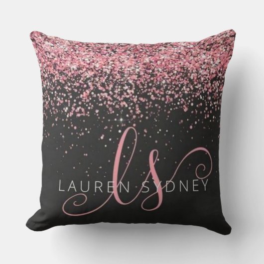 Rose Gold & Blush Pink Glitter Glam Monogram Name クッション (正面)