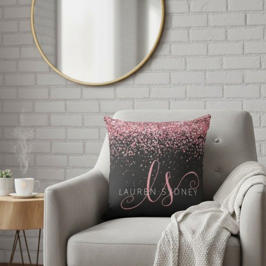 Rose Gold & Blush Pink Glitter Glam Monogram Name クッション