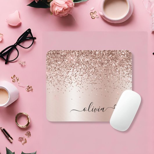 Rose Gold - Blush Pink Glitter Metal Monogram Name マウスパッド