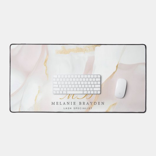 Rose Gold Blush Pink Marble Monogram デスクマット (キーボード&マウス)