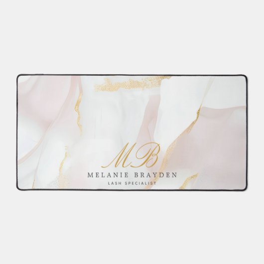Rose Gold Blush Pink Marble Monogram デスクマット (正面)