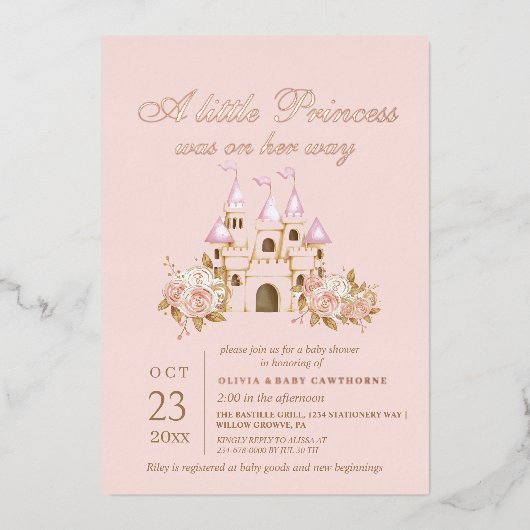 Rose Gold & Blush Pink Princess Baby Shower 箔招待状 (正面)