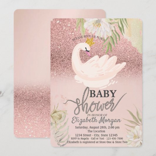 Rose Gold Bokeh Swan Boho フラワー ベビーシャワー 招待状 (正面/裏面)