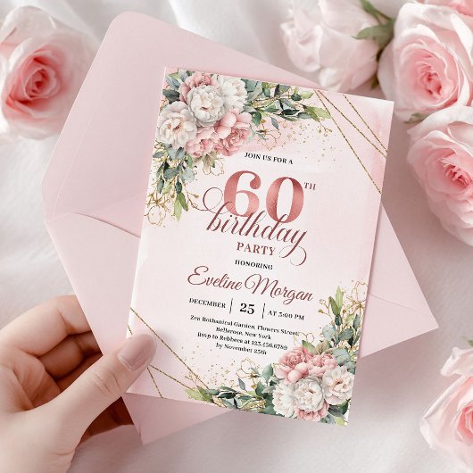 Rose Gold Botanical Greenery 60th Birthday Invites 招待状