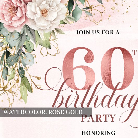 Rose Gold Botanical Greenery 60th Birthday Invites 招待状