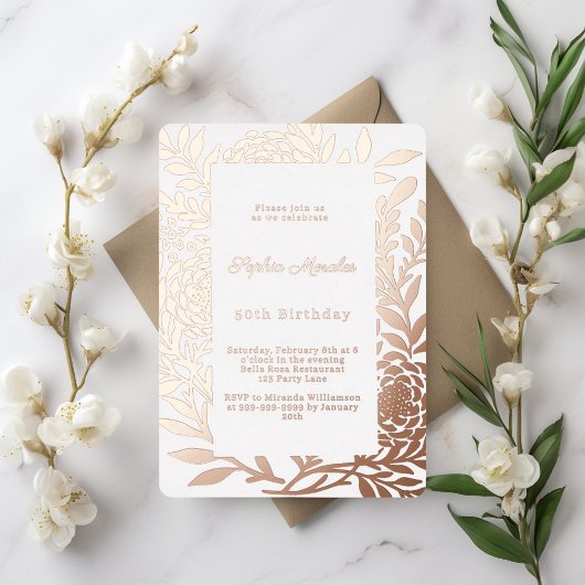 Rose gold botanical luxury birthday 箔招待状