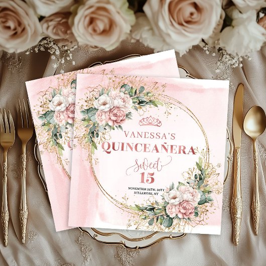 Rose Gold Botanical Napkins for Quinceañera Party スタンダードカクテルナプキン