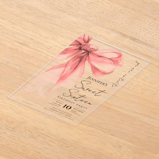 Rose Gold Bow Coquette Script Sweet 16 Party アクリル招待状 (レイダウン)