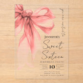 Rose Gold Bow Coquette Script Sweet 16 Party アクリル招待状 (正面)