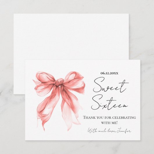 Rose Gold Bow Coquette Script Sweet 16 Thank You サンキューカード (正面/裏面)
