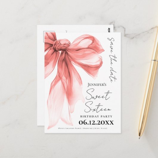 Rose Gold Bow Coquette Sweet 16 Save the Date  ポストカード (正面/裏面インサイチュ)