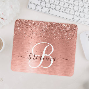 Rose Gold Brushed Metal Glitter Monogram Name マウスパッド
