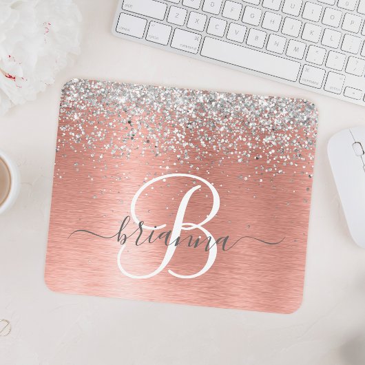 Rose Gold Brushed Metal Glitter Monogram Name マウスパッド