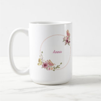 Rose Gold Butterfly Floral Latte Mug – Custom Name コーヒーマグカップ