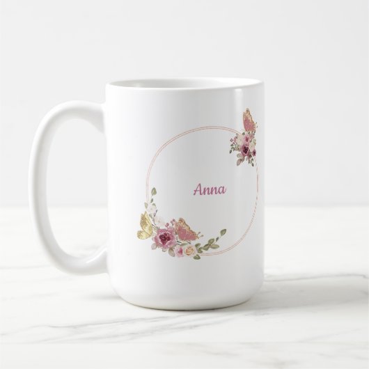 Rose Gold Butterfly Floral Latte Mug – Custom Name コーヒーマグカップ (左)