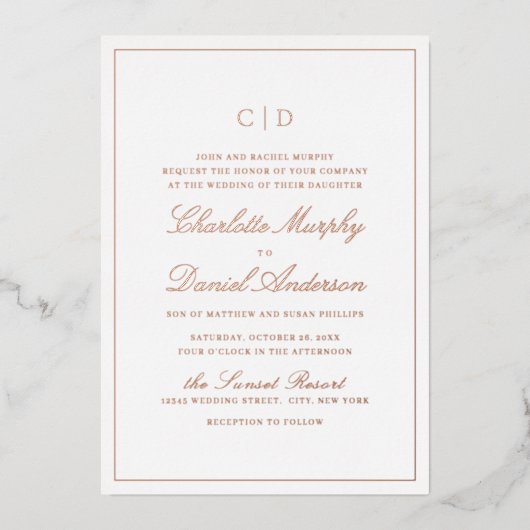 Rose Gold Classic Elegance Script Monogram Wedding 箔招待状 (正面)