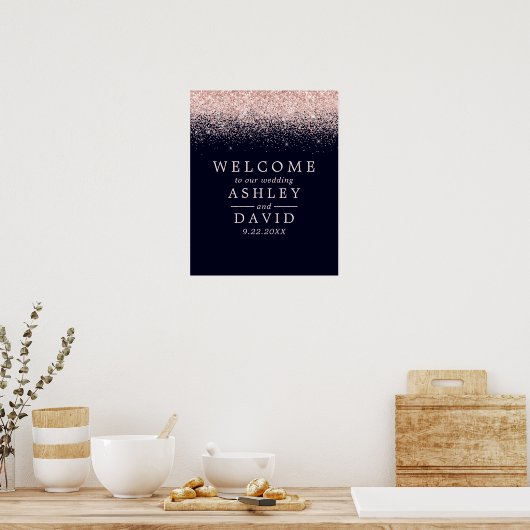Rose Gold Confetti Navy Blue Chic Wedding Welcome ポスター (キッチン)