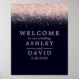 Rose Gold Confetti Navy Blue Chic Wedding Welcome ポスター