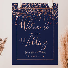 Rose gold confetti navy blue wedding welcome ポスター