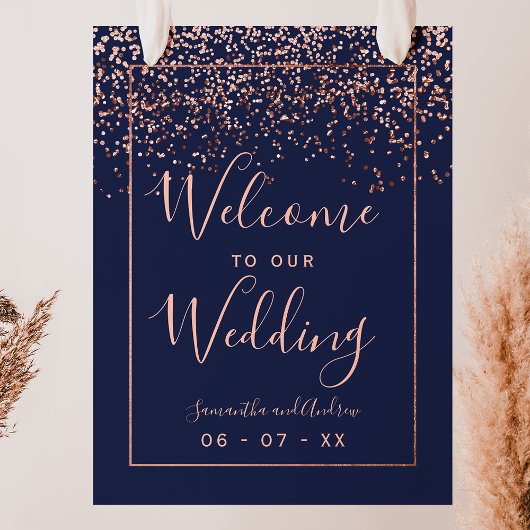 Rose gold confetti navy blue wedding welcome ポスター