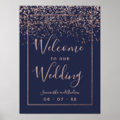 Rose gold confetti navy blue wedding welcome ポスター (正面)