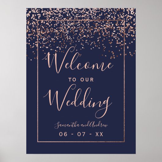 Rose gold confetti navy blue wedding welcome ポスター (正面)