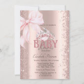 Rose Gold Confetti Pink Bow Crown Baby Shower 招待状 (正面)