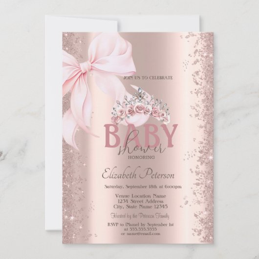 Rose Gold Confetti Pink Bow Crown Baby Shower 招待状 (正面)