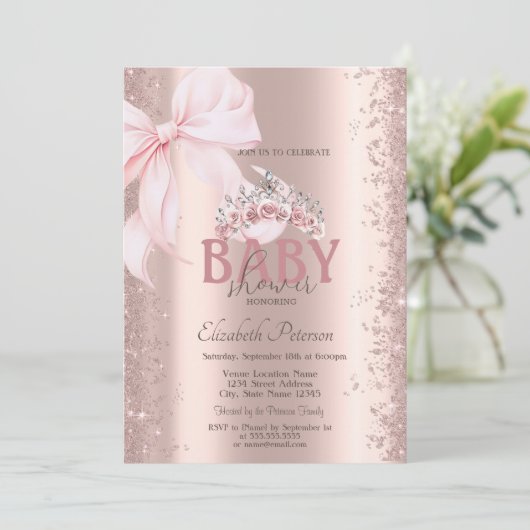 Rose Gold Confetti Pink Bow Crown Baby Shower 招待状 (スタンド正面)