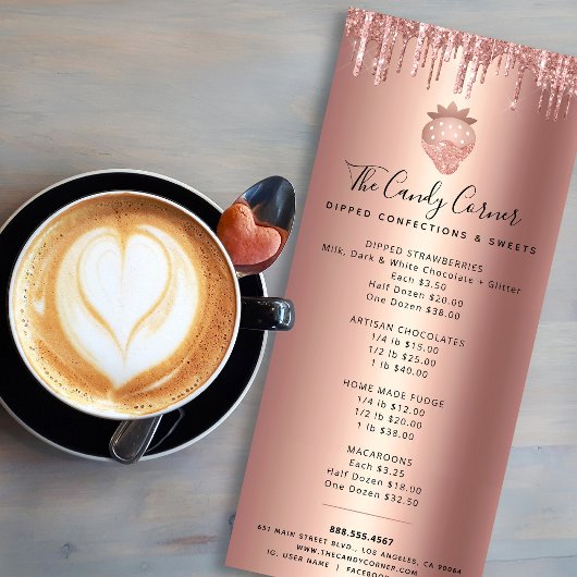 Rose Gold Copper Strawberry Glitter Desserts Menu ラックカード