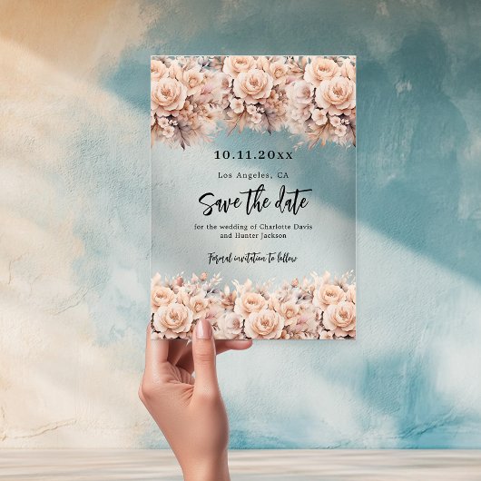 Rose gold cream florals wedding save the date card アクリル招待状
