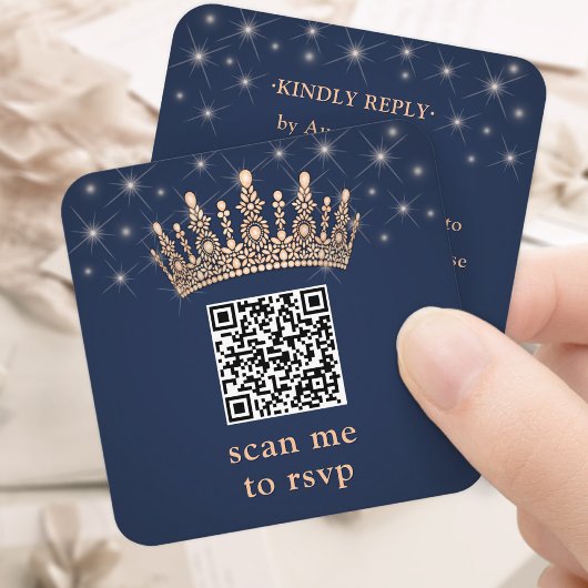 Rose Gold Crown QR Code RSVP Navy Blue Quinceañera エンクロージャーカード