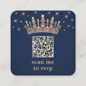 Rose Gold Crown QR Code RSVP Navy Blue Quinceañera エンクロージャーカード (正面)