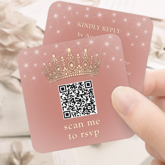 Rose Gold Crown Quinceañera Scan Me QR Code RSVP エンクロージャーカード